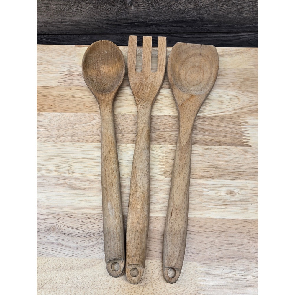 Vintage Wooden Kitchen Utensil Set 3 Piece Spoon Fork Spatula Farmhouse Decor